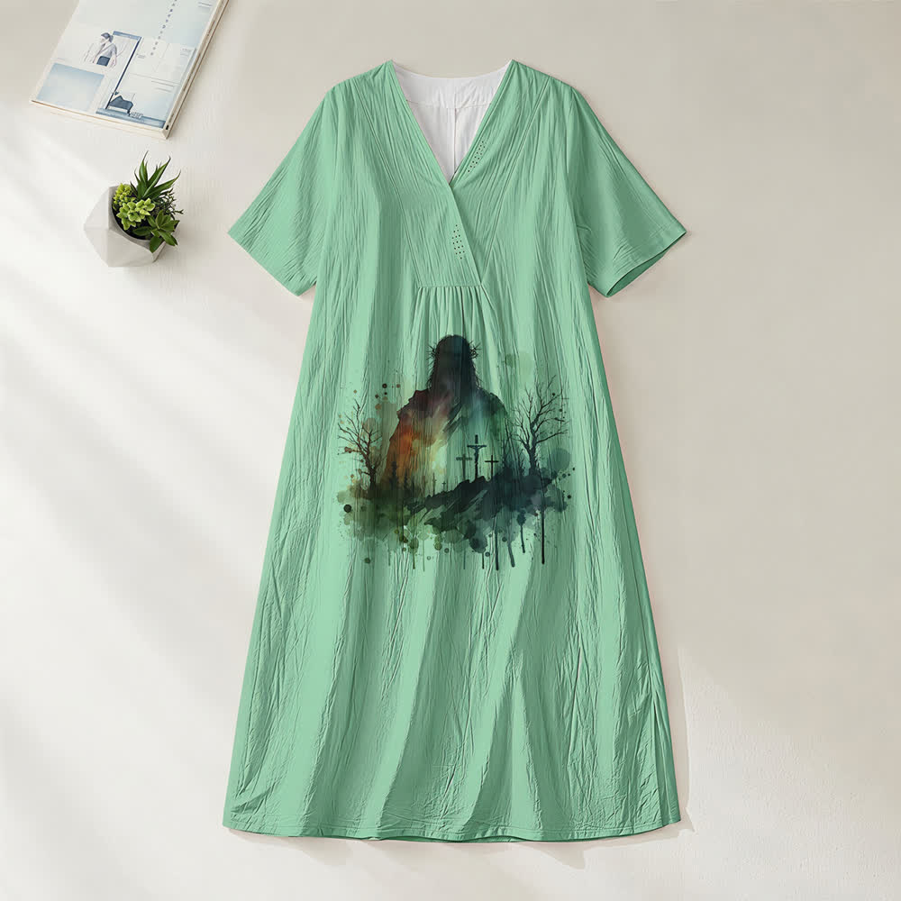 Christianartworkshop Religiöse Kunst Aquarell Jesus Silhouette V-Ausschnitt Kurzarm Midikleid - Grün - 4XL - image 4