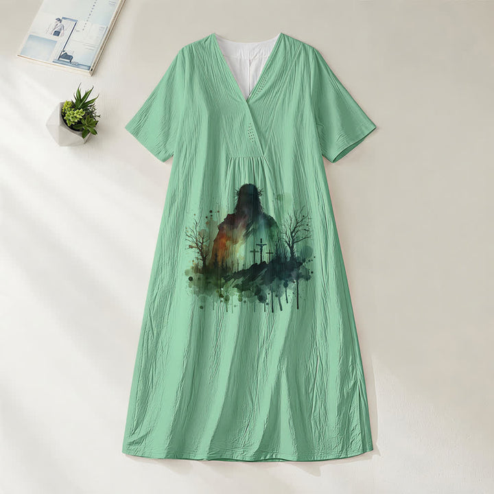 Christianartworkshop Religiöse Kunst Aquarell Jesus Silhouette V-Ausschnitt Kurzarm Midikleid - Grün - 4XL - image 4