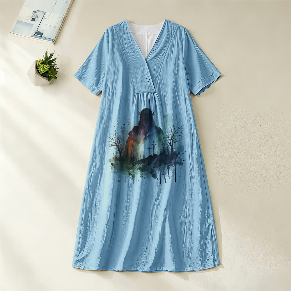 Christianartworkshop Religiöse Kunst Aquarell Jesus Silhouette V-Ausschnitt Kurzarm Midikleid - Blau - 4XL - image 0