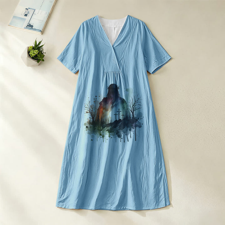 Christianartworkshop Religiöse Kunst Aquarell Jesus Silhouette V-Ausschnitt Kurzarm Midikleid - Blau - 4XL - image 0