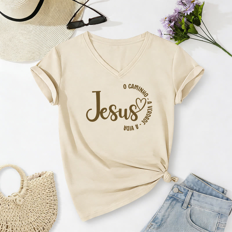 Christianartworkshop Jesus O Caminho A Verdade A Vida Heart Circle Lässiges T-Shirt mit V-Ausschnitt - Beige - 2XL - image 2