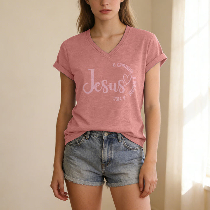 Christianartworkshop Jesus O Caminho A Verdade A Vida Heart Circle Lässiges T-Shirt mit V-Ausschnitt - image 5