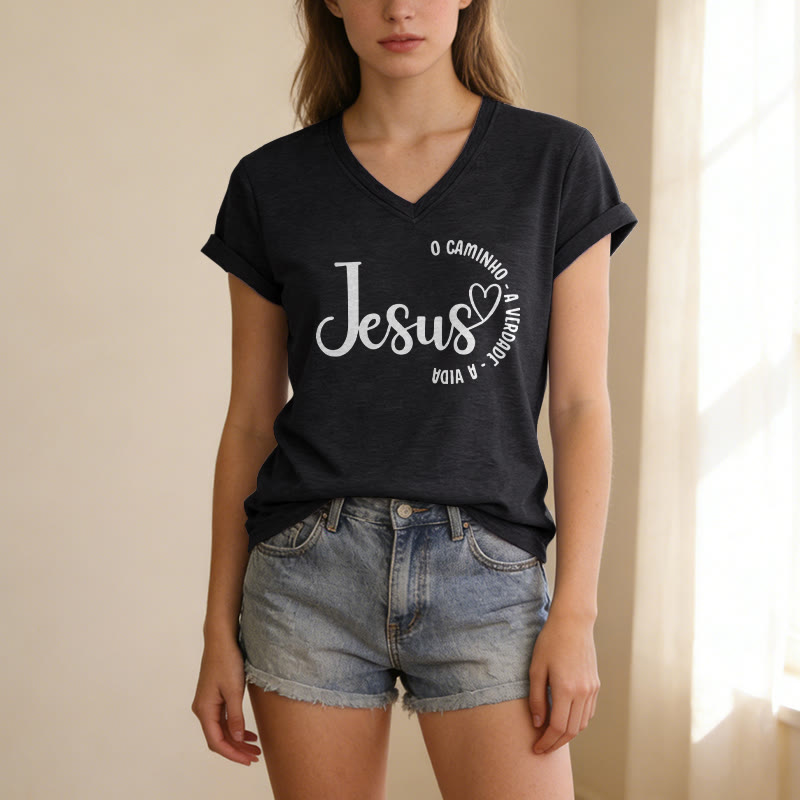 Christianartworkshop Jesus O Caminho A Verdade A Vida Heart Circle Lässiges T-Shirt mit V-Ausschnitt - image 7