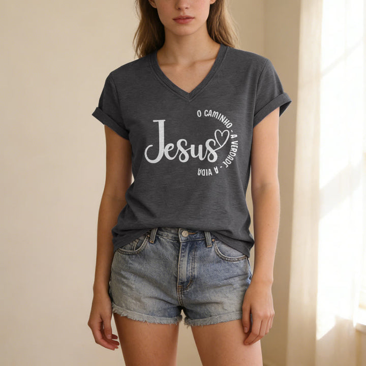 Christianartworkshop Jesus O Caminho A Verdade A Vida Heart Circle Lässiges T-Shirt mit V-Ausschnitt - image 1