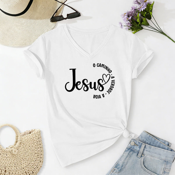 Christianartworkshop Jesus O Caminho A Verdade A Vida Heart Circle Lässiges T-Shirt mit V-Ausschnitt - Weiß - 2XL - image 12