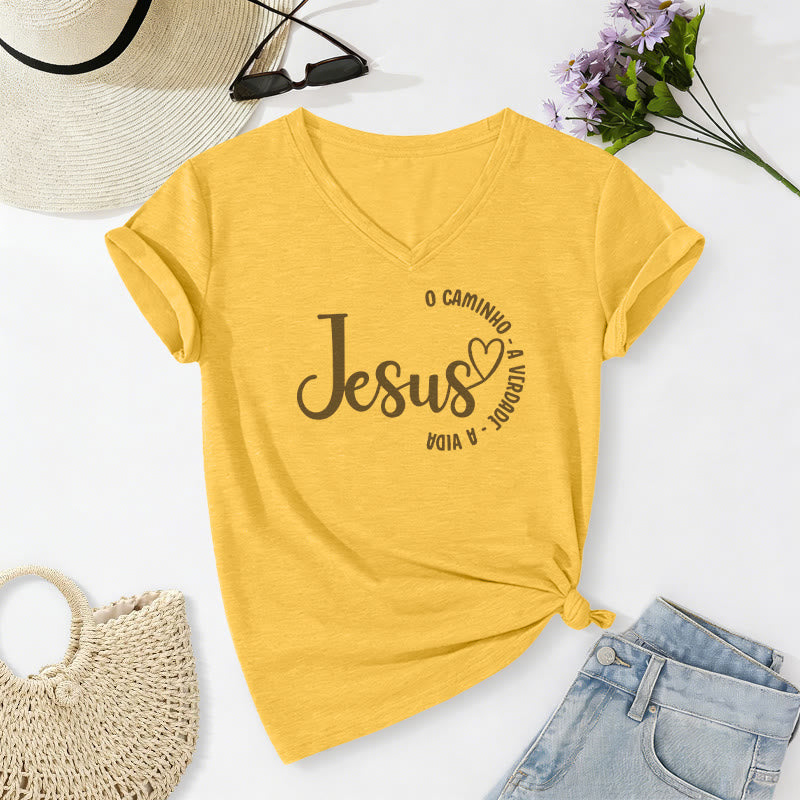 Christianartworkshop Jesus O Caminho A Verdade A Vida Heart Circle Lässiges T-Shirt mit V-Ausschnitt - Gelb - 2XL - image 8