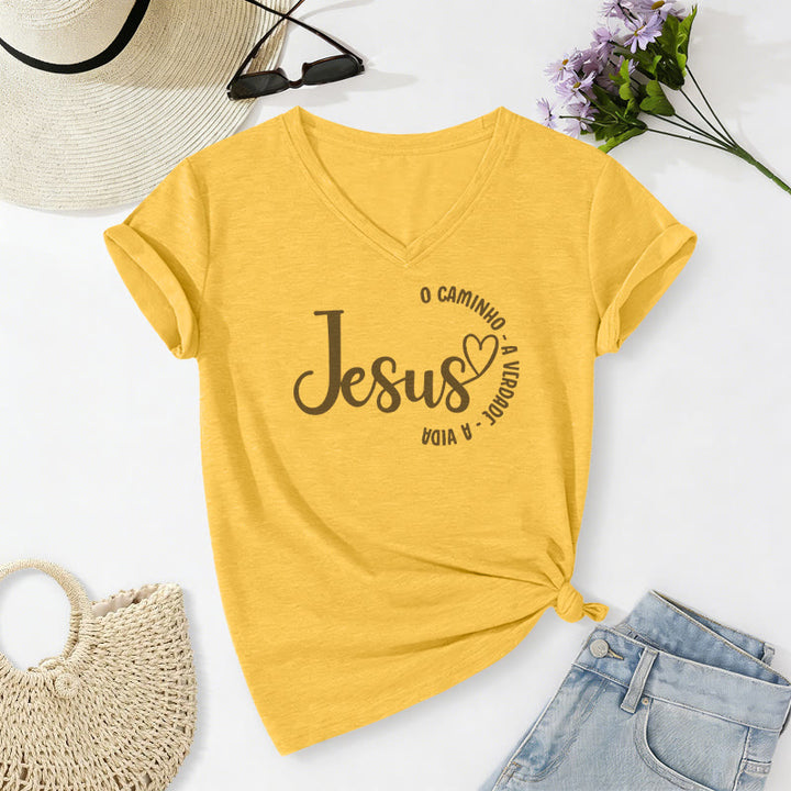 Christianartworkshop Jesus O Caminho A Verdade A Vida Heart Circle Lässiges T-Shirt mit V-Ausschnitt - Gelb - 2XL - image 8
