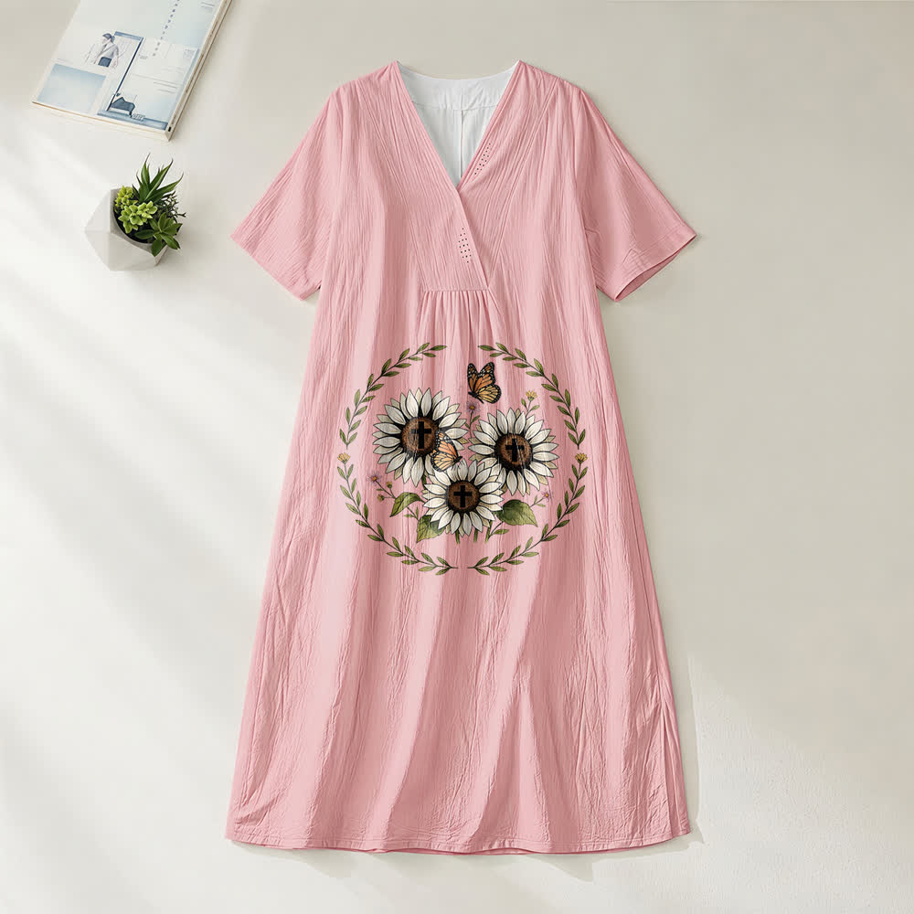 Christianartworkshop Andachtskleid mit Sonnenblumenkreuz und Schmetterlingskranz, V-Ausschnitt und kurzen Ärmeln, Midi-Länge - Rosa - 4XL - image 8