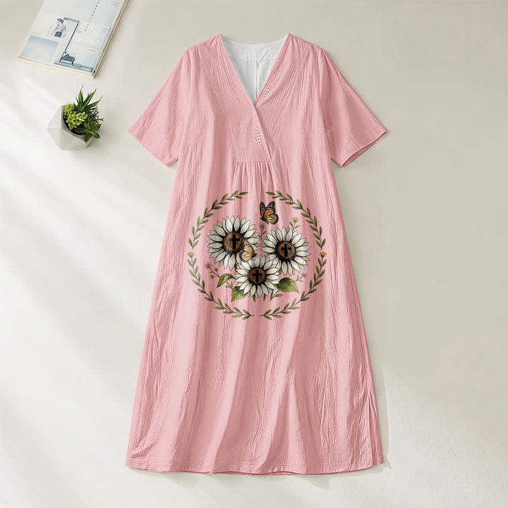 Christianartworkshop Andachtskleid mit Sonnenblumenkreuz und Schmetterlingskranz, V-Ausschnitt und kurzen Ärmeln, Midi-Länge - Rosa - 4XL - image 8