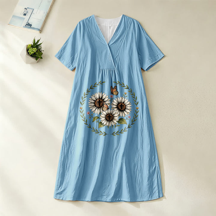 Christianartworkshop Andachtskleid mit Sonnenblumenkreuz und Schmetterlingskranz, V-Ausschnitt und kurzen Ärmeln, Midi-Länge - Blau - 4XL - image 2