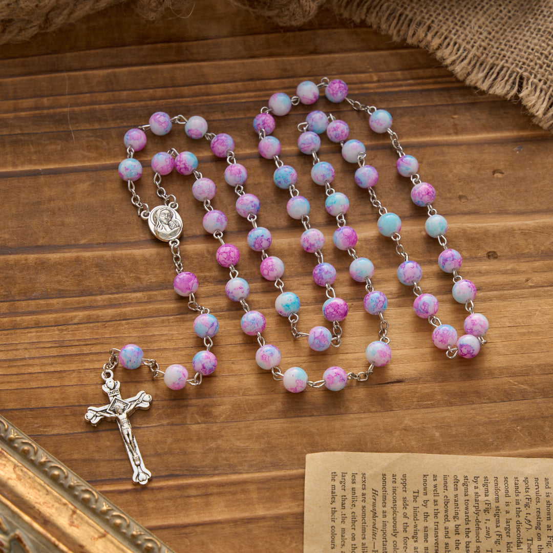 Christianartworkshop Rosenkranz aus marmorierten rosa und blauen Glasperlen mit Madonna-mit-Kind-Medaille und Kruzifix - Rosa Rosenkranz mit Madonna und Kind - image 0
