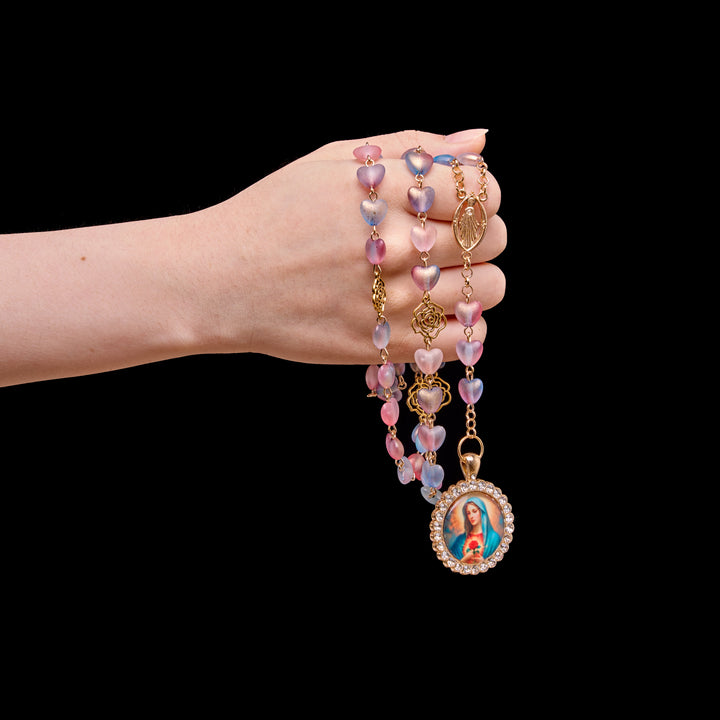 Christianartworkshop Rosenkranz der Sieben Schmerzen Mariens mit mattiertem Herzanhänger aus Glasperlen und Farbverlauf sowie Marienporträt - image 2