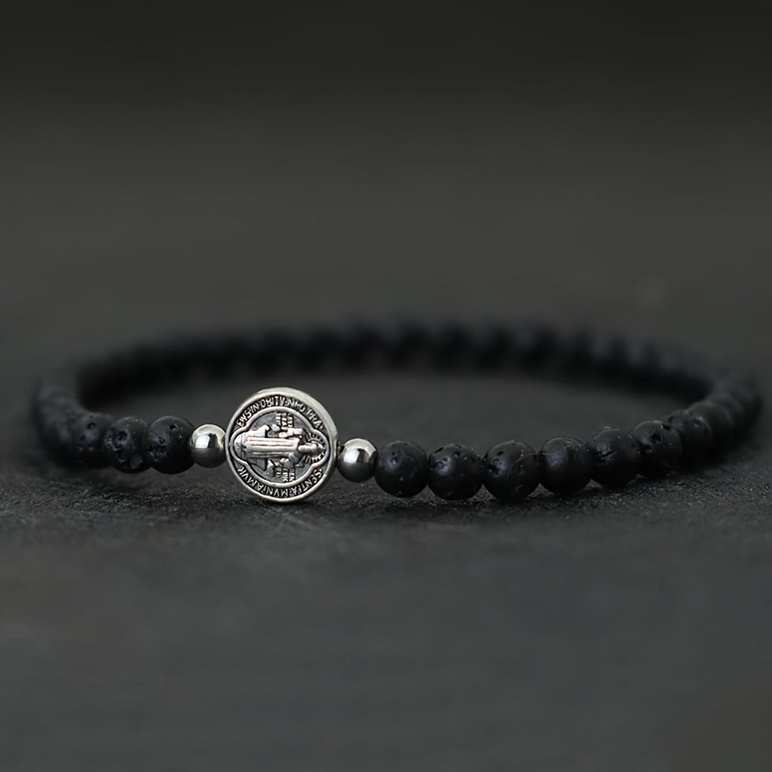 Christianartworkshop Elastisches Armband aus Natursteinperlen mit geprägten St.-Benedikt-Medaillen als Zwischenstücke: Ein Symbol göttlichen Schutzes - Vulkanstein - image 7