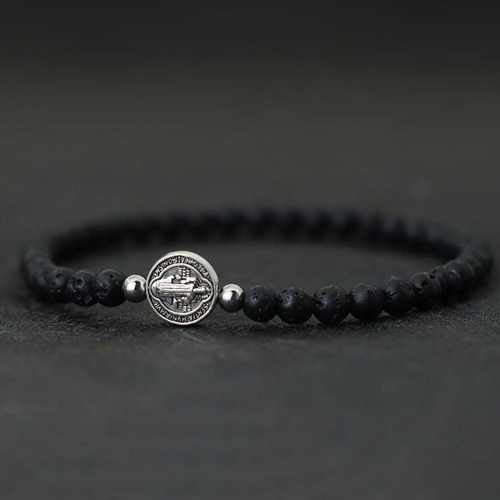Christianartworkshop Elastisches Armband aus Natursteinperlen mit geprägten St.-Benedikt-Medaillen als Zwischenstücke: Ein Symbol göttlichen Schutzes - Vulkanstein - image 7