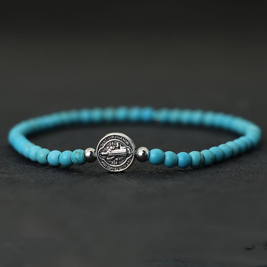 Christianartworkshop Elastisches Armband aus Natursteinperlen mit geprägten St.-Benedikt-Medaillen als Zwischenstücke: Ein Symbol göttlichen Schutzes - Türkis - image 6