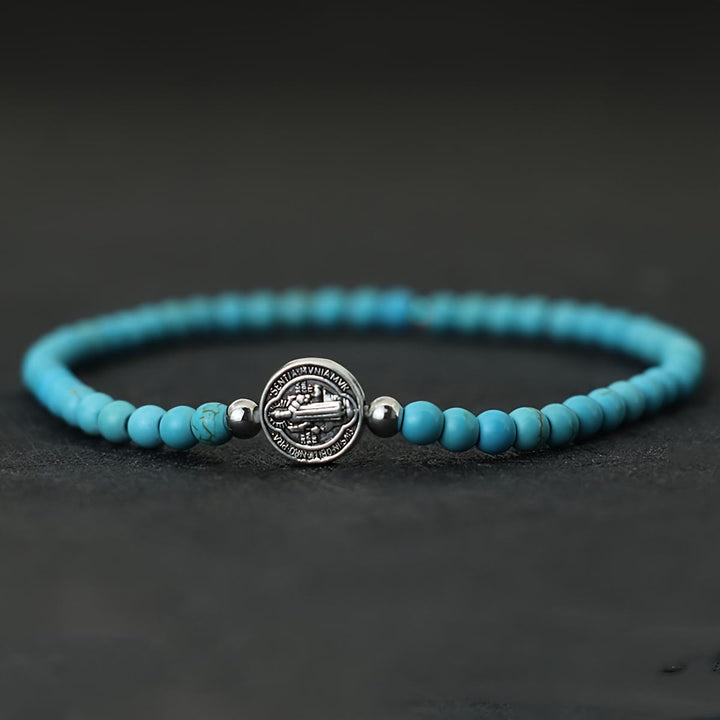 Christianartworkshop Elastisches Armband aus Natursteinperlen mit geprägten St.-Benedikt-Medaillen als Zwischenstücke: Ein Symbol göttlichen Schutzes - Türkis - image 6