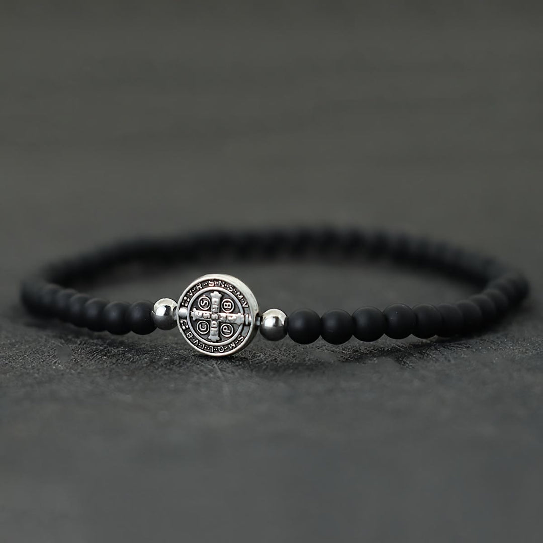 Christianartworkshop Elastisches Armband aus Natursteinperlen mit geprägten St.-Benedikt-Medaillen als Zwischenstücke: Ein Symbol göttlichen Schutzes - Matte Stone - image 3