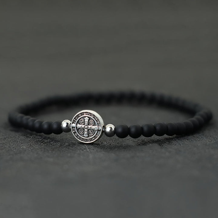 Christianartworkshop Elastisches Armband aus Natursteinperlen mit geprägten St.-Benedikt-Medaillen als Zwischenstücke: Ein Symbol göttlichen Schutzes - Matte Stone - image 3