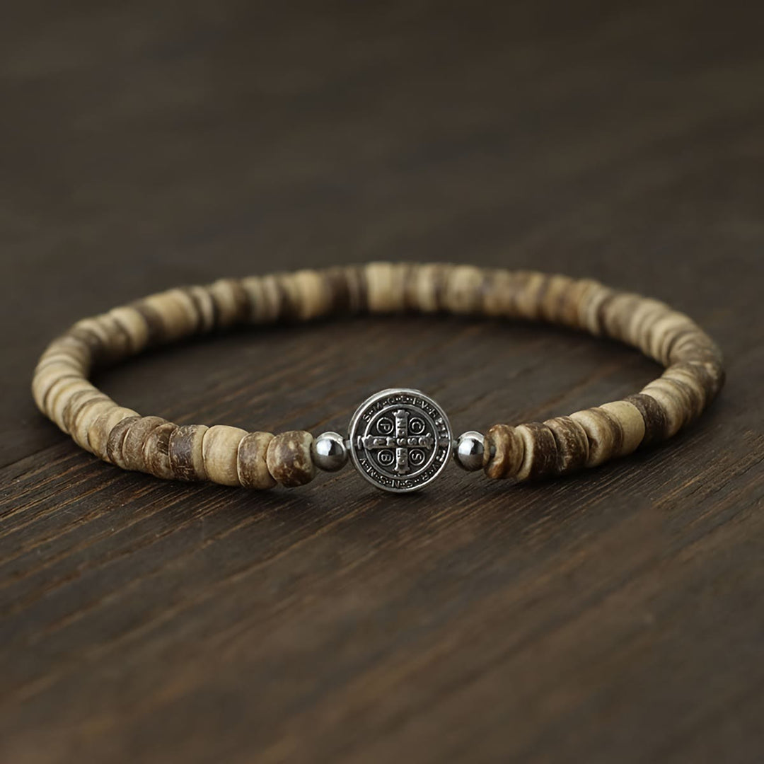 Christianartworkshop Elastisches Armband aus Natursteinperlen mit geprägten St.-Benedikt-Medaillen als Zwischenstücke: Ein Symbol göttlichen Schutzes - Holz - image 9