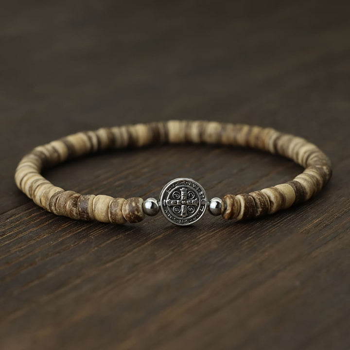 Christianartworkshop Elastisches Armband aus Natursteinperlen mit geprägten St.-Benedikt-Medaillen als Zwischenstücke: Ein Symbol göttlichen Schutzes - Holz - image 9