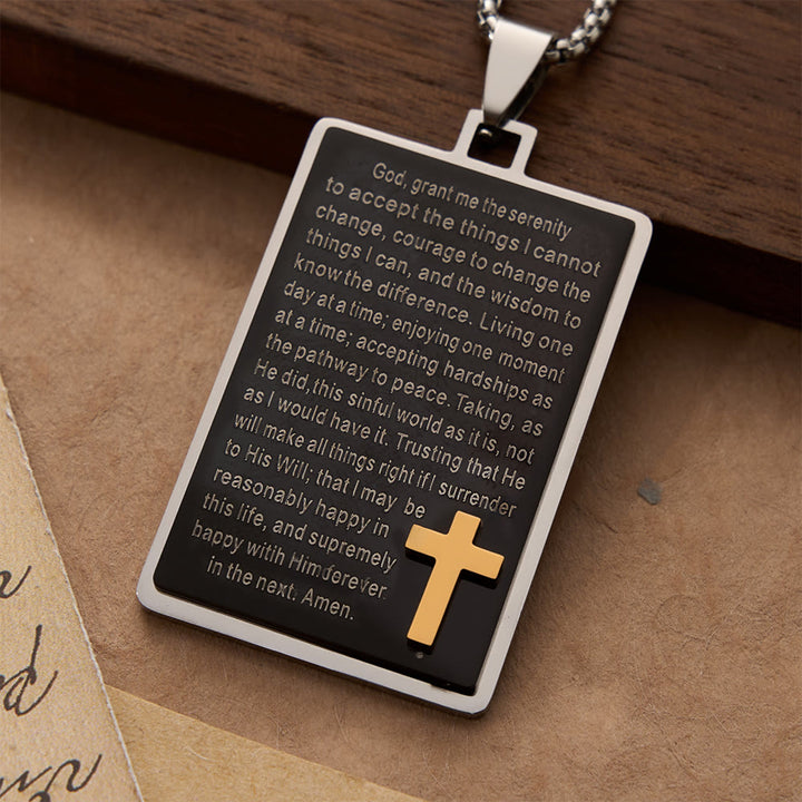 Christianartworkshop Zweifarbige rechteckige Halskette mit eingraviertem Gelassenheitsgebet und erhabenem Goldkreuz - image 1