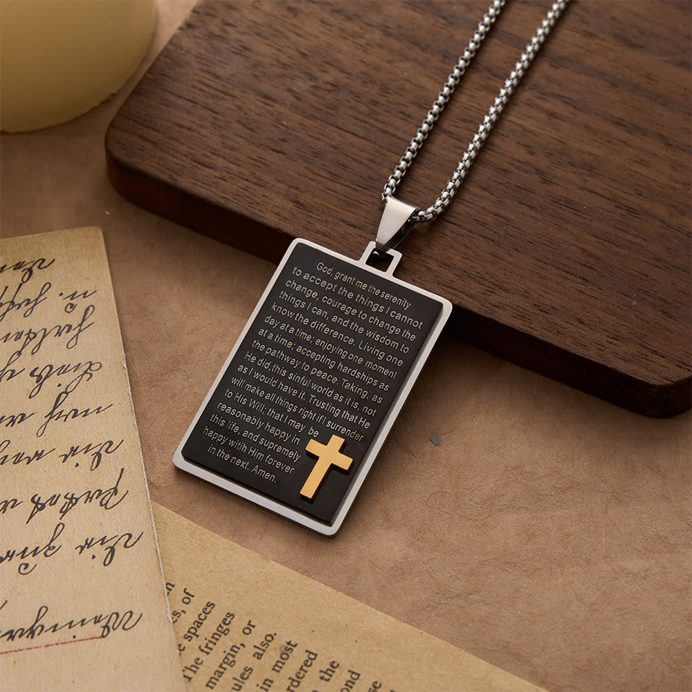 Christianartworkshop Zweifarbige rechteckige Halskette mit eingraviertem Gelassenheitsgebet und erhabenem Goldkreuz - Gebetsschrift - image 0