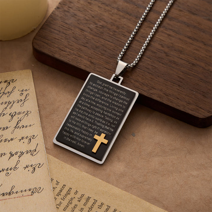 Christianartworkshop Zweifarbige rechteckige Halskette mit eingraviertem Gelassenheitsgebet und erhabenem Goldkreuz - Gebetsschrift - image 0