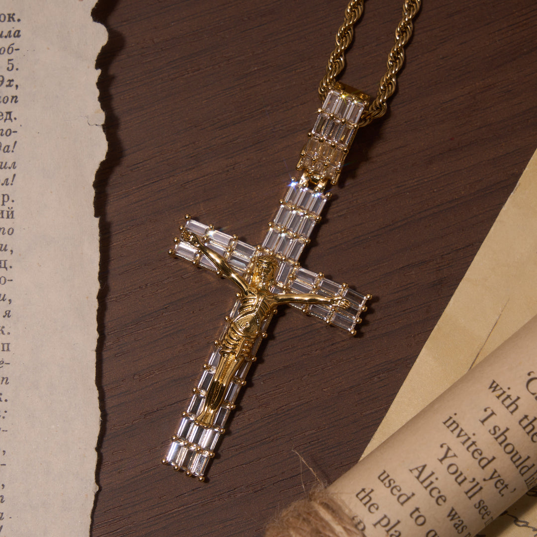 Christianartworkshop Baguette-Zirkon-Kreuzanhänger, komplett mit Strass besetzt, an einer gedrehten Seilkette, zweifarbige Halskette - image 3
