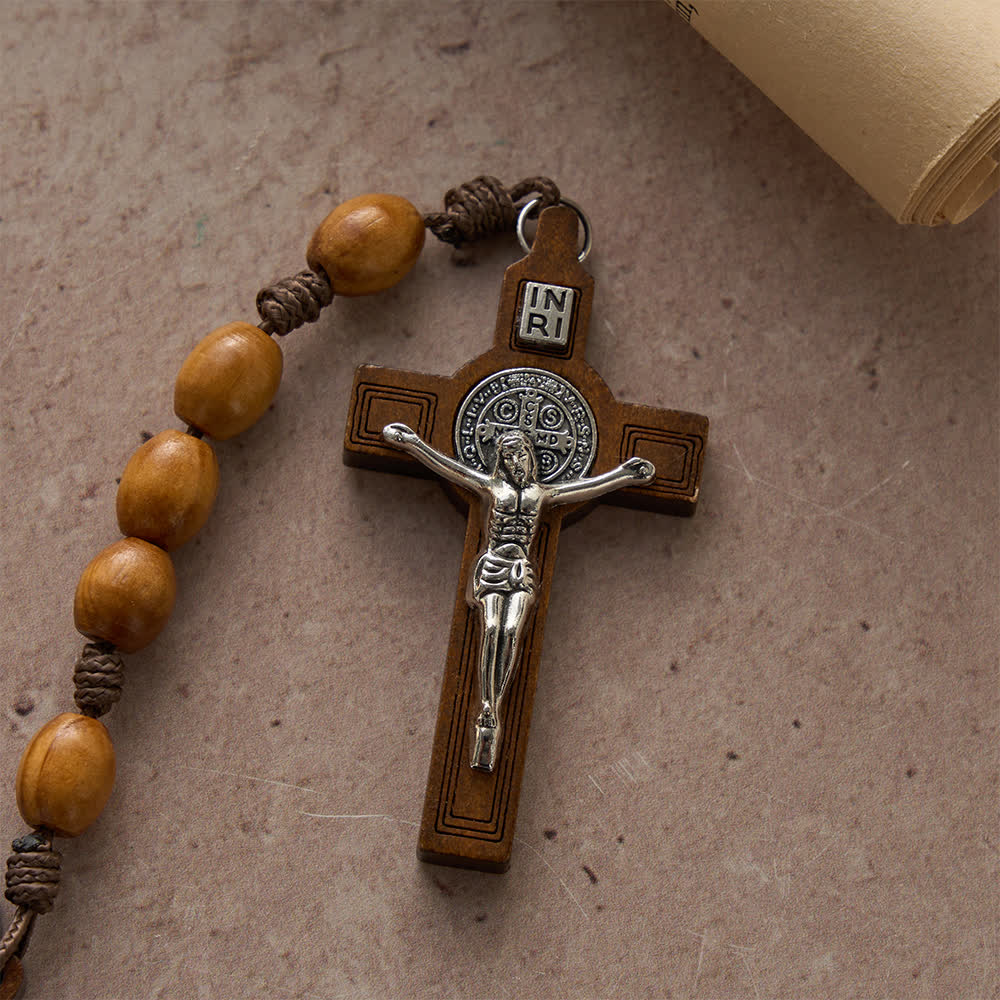 Christianartworkshop Traditioneller, rustikaler, ovaler Rosenkranz aus Holz mit 15 Gesätzen und einem Mittelstück des Heiligen Benedikt. - image 6