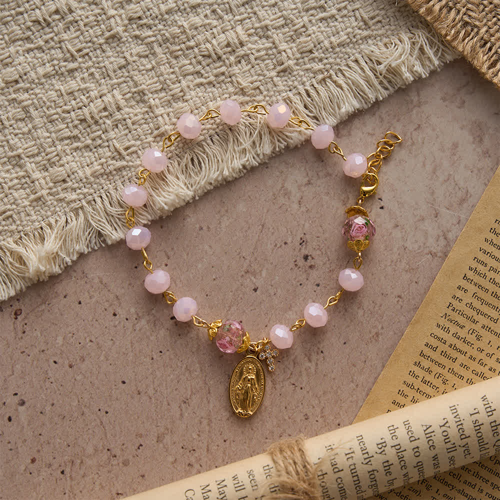 Christianartworkshop Zartrosa Kristall-Andachtsarmband mit Marienmedaille und Kreuz - image 3