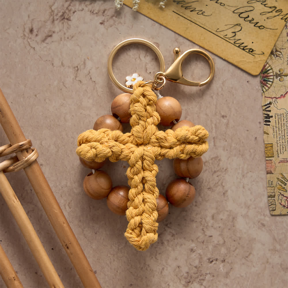 Christianartworkshop Rosenkranz und Schlüsselanhänger aus Pfirsichholzperlen mit mehrfarbigem, handgefertigtem Häkelkreuz - image 5