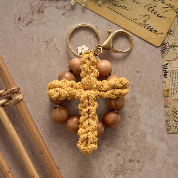 Christianartworkshop Rosenkranz und Schlüsselanhänger aus Pfirsichholzperlen mit mehrfarbigem, handgefertigtem Häkelkreuz - image 5