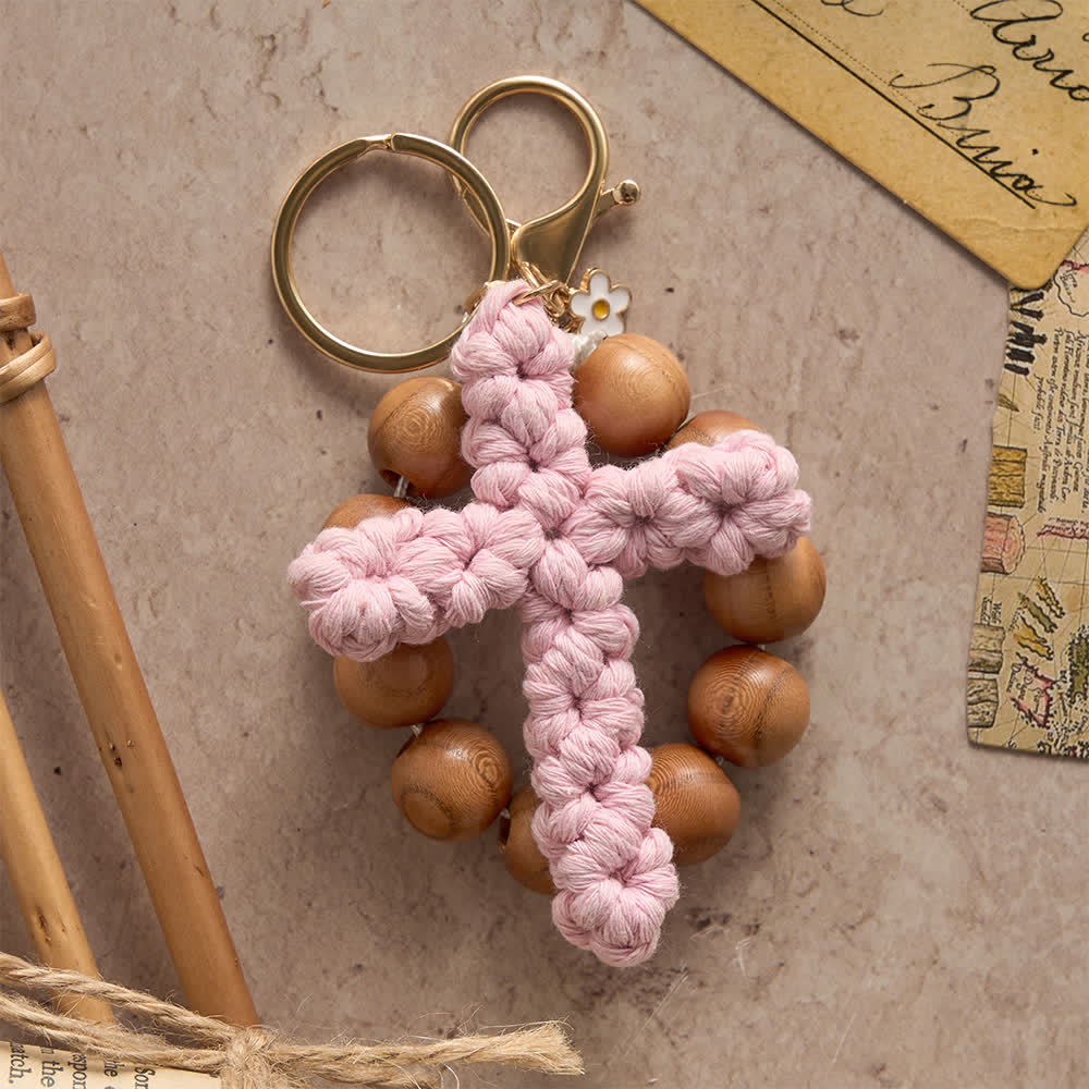 Christianartworkshop Rosenkranz und Schlüsselanhänger aus Pfirsichholzperlen mit mehrfarbigem, handgefertigtem Häkelkreuz - image 9
