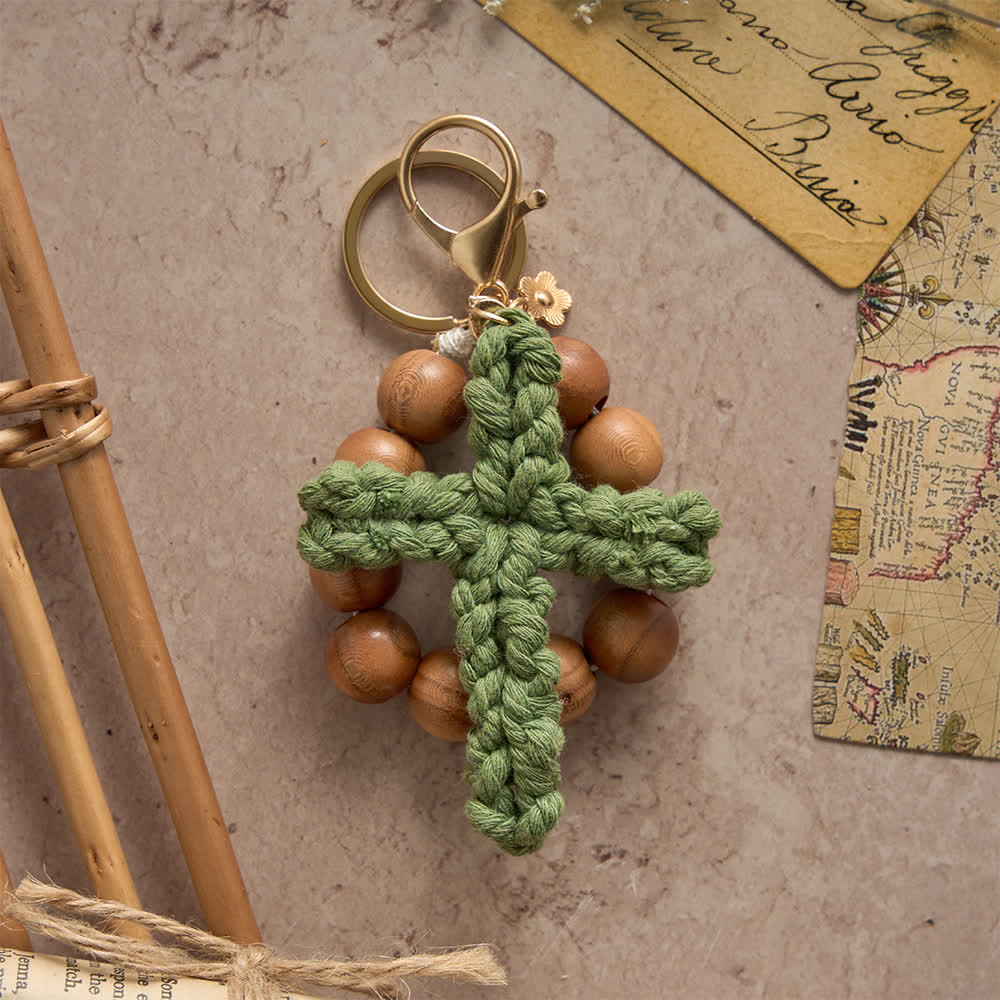 Christianartworkshop Rosenkranz und Schlüsselanhänger aus Pfirsichholzperlen mit mehrfarbigem, handgefertigtem Häkelkreuz - image 7
