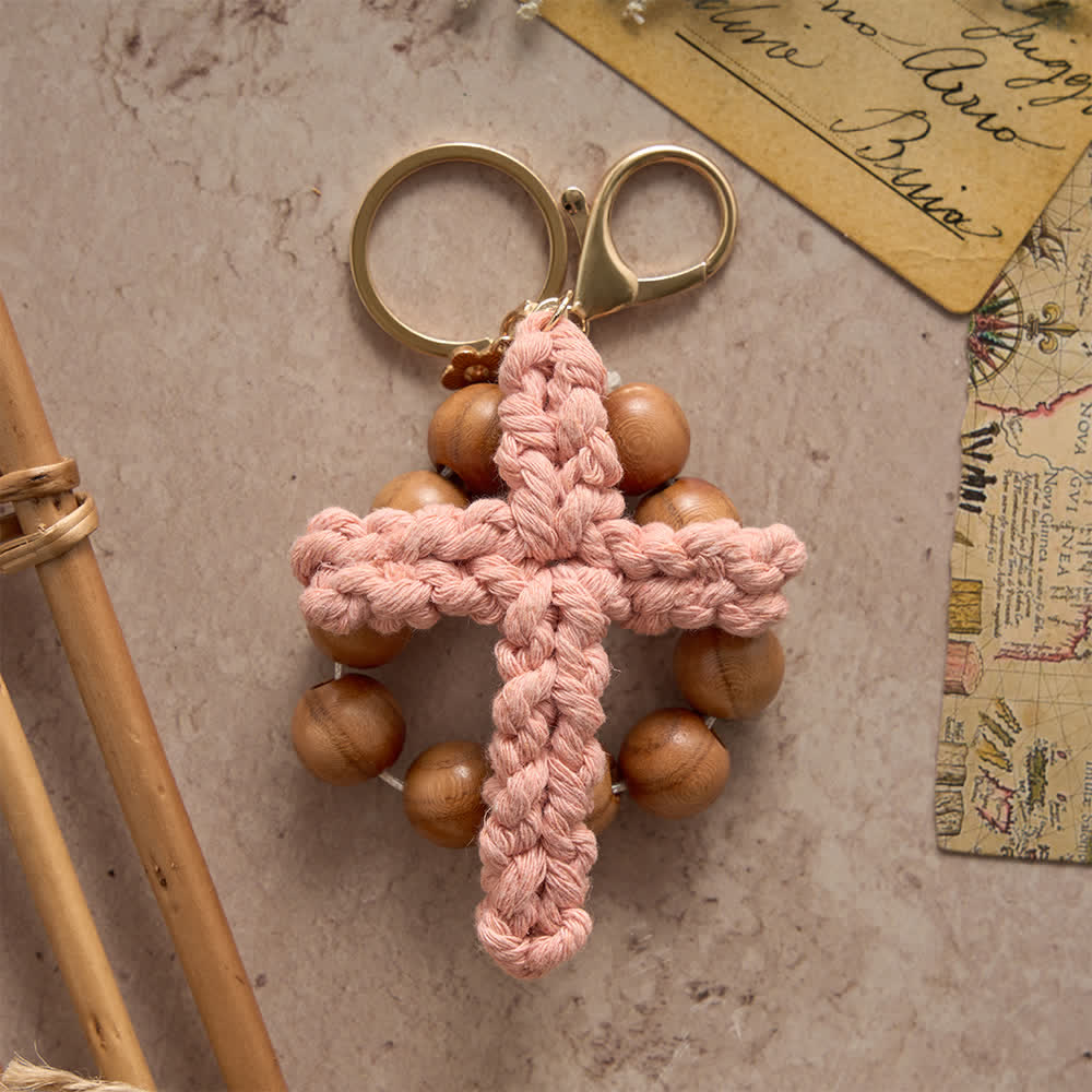 Christianartworkshop Rosenkranz und Schlüsselanhänger aus Pfirsichholzperlen mit mehrfarbigem, handgefertigtem Häkelkreuz - image 1