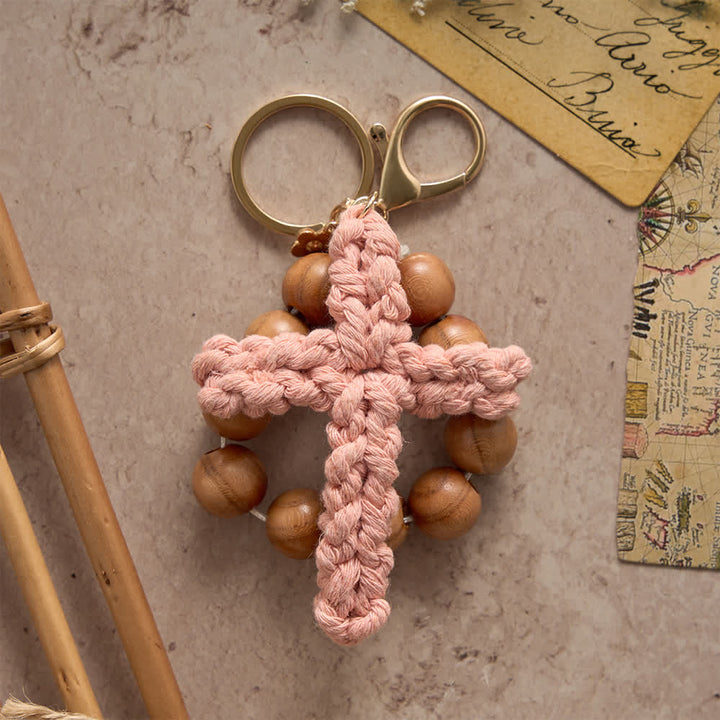 Christianartworkshop Rosenkranz und Schlüsselanhänger aus Pfirsichholzperlen mit mehrfarbigem, handgefertigtem Häkelkreuz - image 1