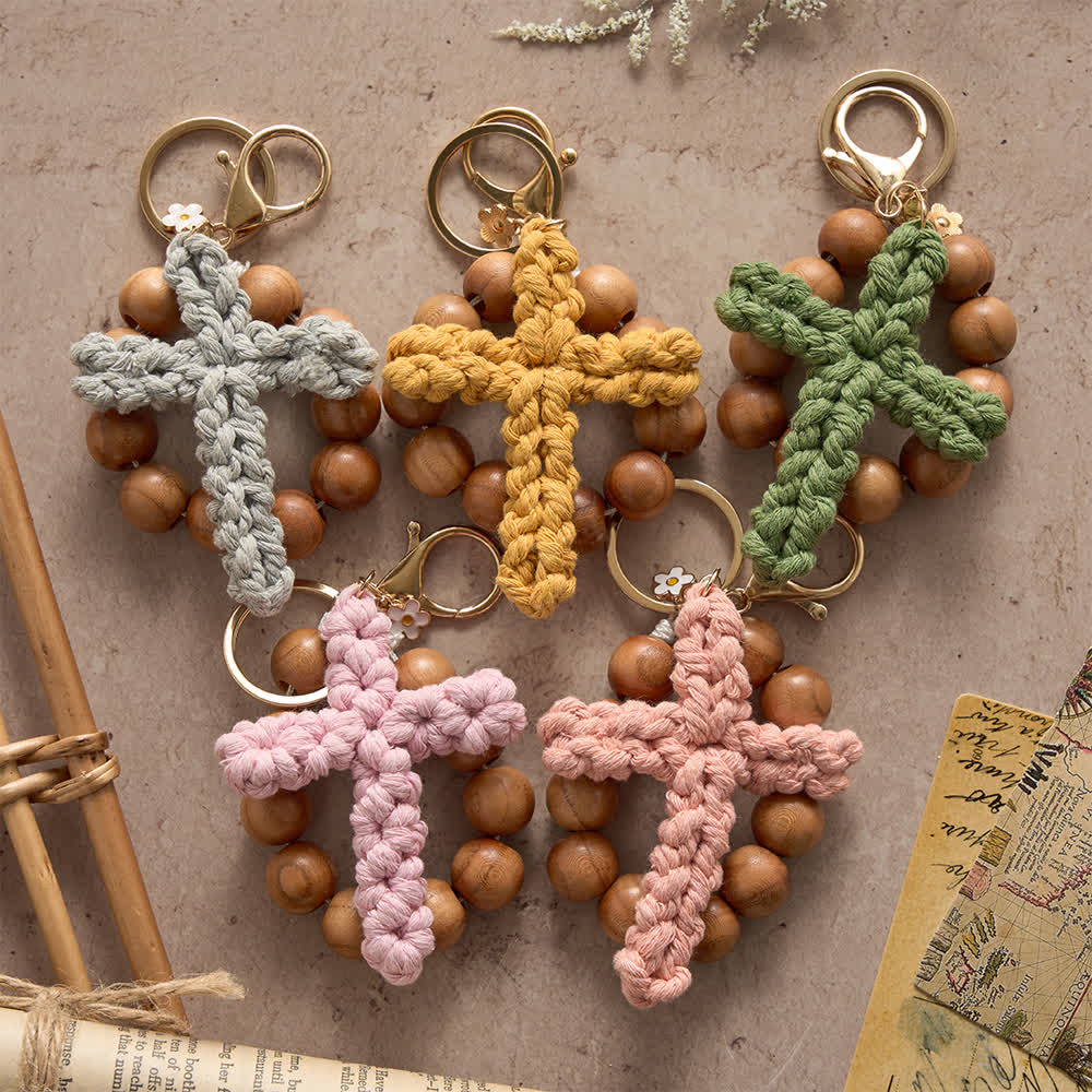 Christianartworkshop Rosenkranz und Schlüsselanhänger aus Pfirsichholzperlen mit mehrfarbigem, handgefertigtem Häkelkreuz - image 0