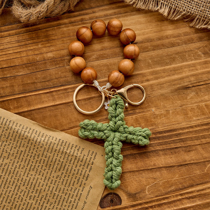 Christianartworkshop Rosenkranz und Schlüsselanhänger aus Pfirsichholzperlen mit mehrfarbigem, handgefertigtem Häkelkreuz - Grün - image 8