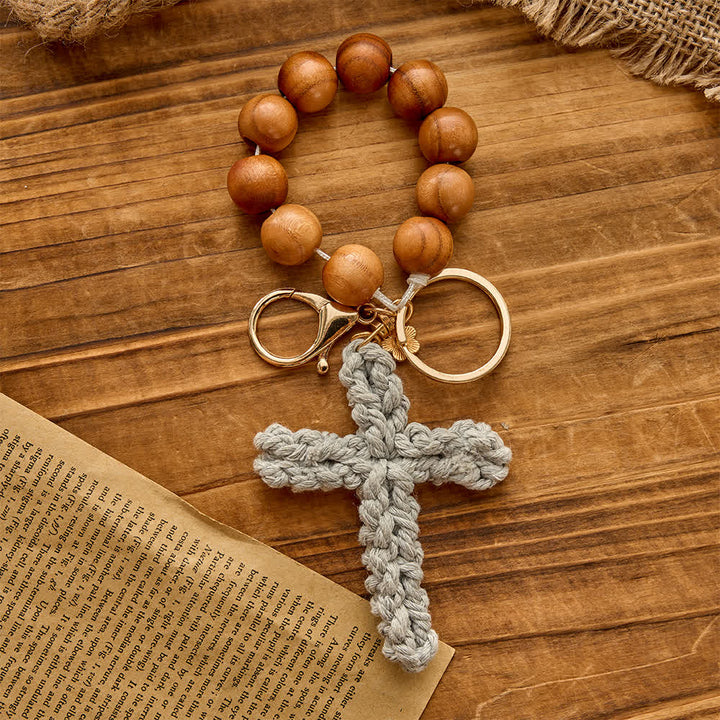 Christianartworkshop Rosenkranz und Schlüsselanhänger aus Pfirsichholzperlen mit mehrfarbigem, handgefertigtem Häkelkreuz - Grau - image 4
