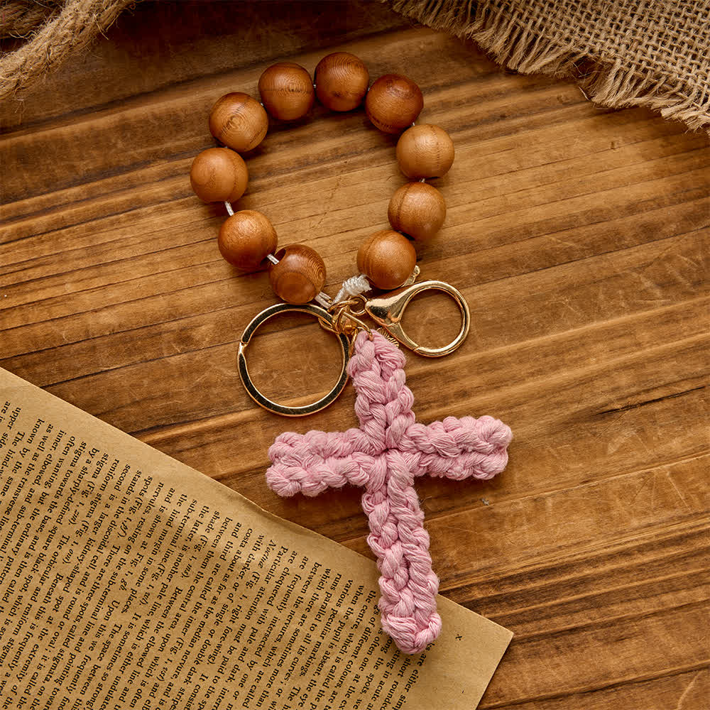 Christianartworkshop Rosenkranz und Schlüsselanhänger aus Pfirsichholzperlen mit mehrfarbigem, handgefertigtem Häkelkreuz - Hellrosa - image 10