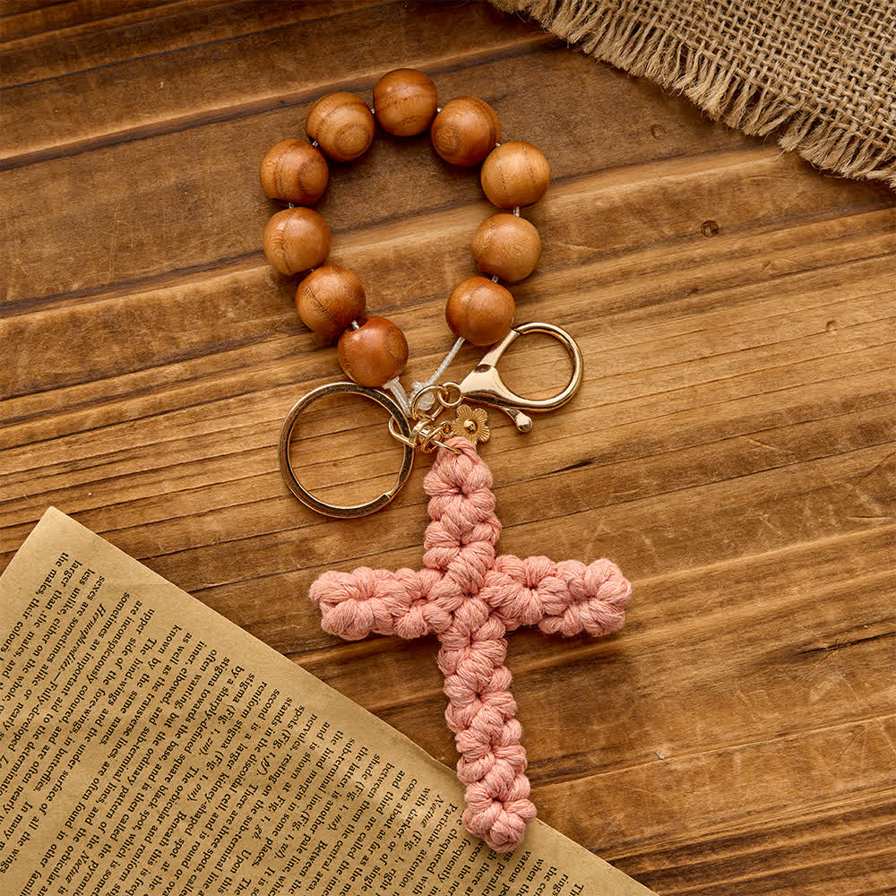 Christianartworkshop Rosenkranz und Schlüsselanhänger aus Pfirsichholzperlen mit mehrfarbigem, handgefertigtem Häkelkreuz - Rosa - image 2