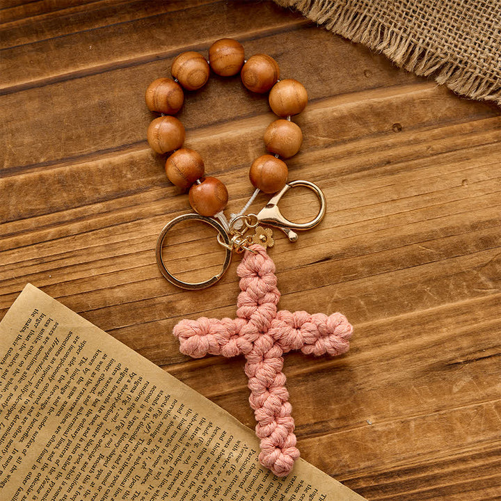 Christianartworkshop Rosenkranz und Schlüsselanhänger aus Pfirsichholzperlen mit mehrfarbigem, handgefertigtem Häkelkreuz - Rosa - image 2