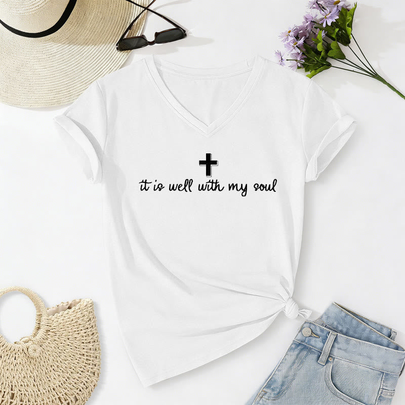 Christianartworkshop Lässiges T-Shirt mit V-Ausschnitt und Kreuzschriftzug „It Is Well With My Soul“ - Weiß - 2XL - image 14