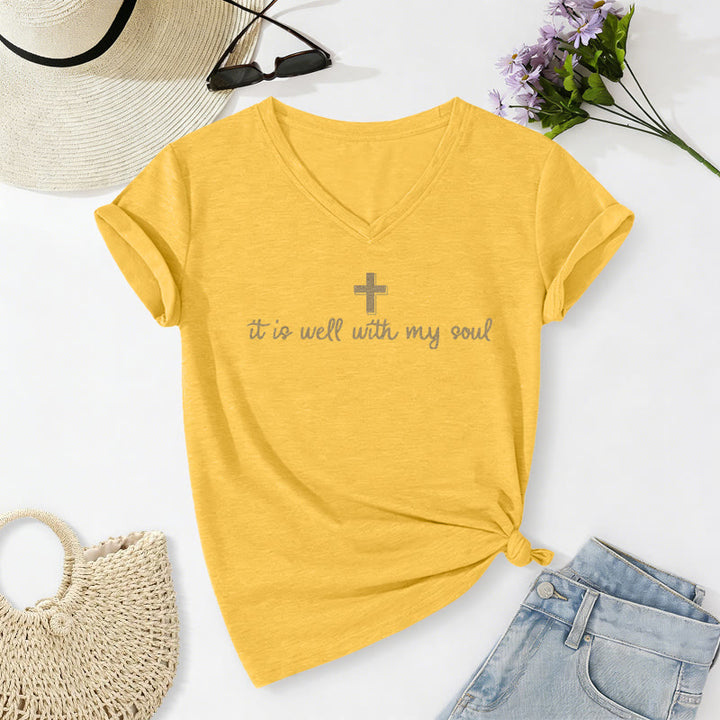 Christianartworkshop Lässiges T-Shirt mit V-Ausschnitt und Kreuzschriftzug „It Is Well With My Soul“ - Gelb - 2XL - image 10