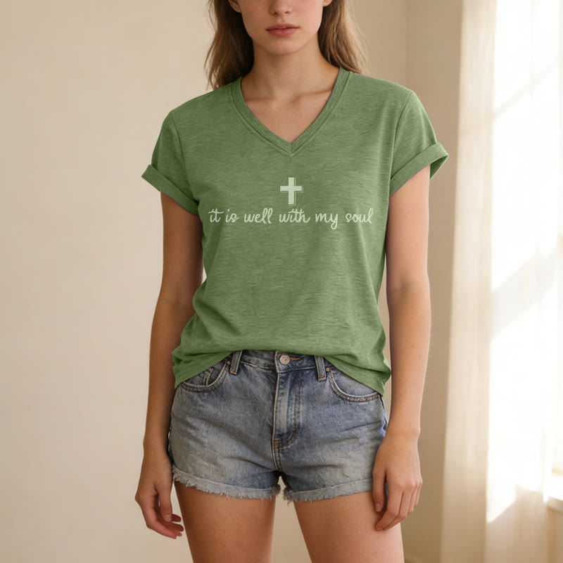 Christianartworkshop Lässiges T-Shirt mit V-Ausschnitt und Kreuzschriftzug „It Is Well With My Soul“ - image 13