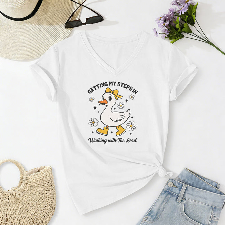 Christianartworkshop Meine Schritte sammeln – Walking With The Lord Cartoon Duck Daisy Casual V-Neck T-Shirt - Weiß - 2XL - image 16