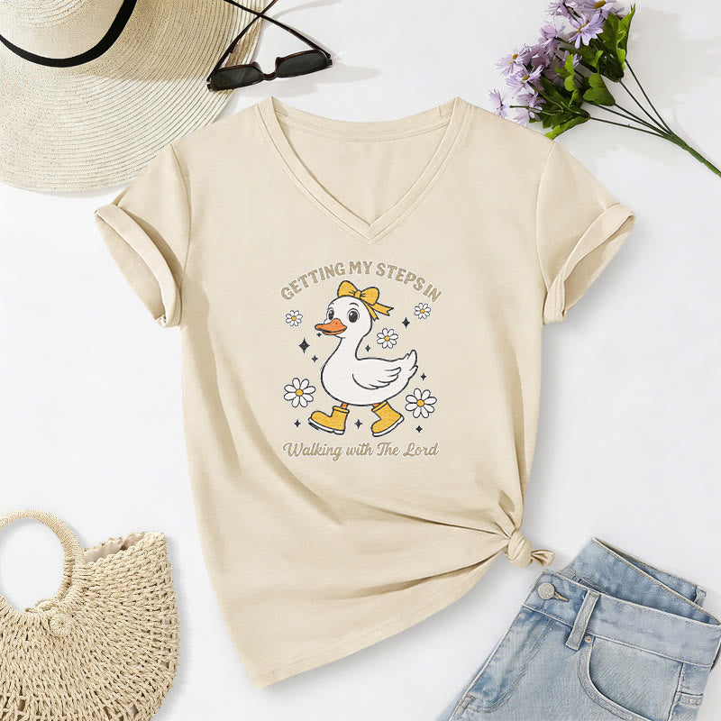 Christianartworkshop Meine Schritte sammeln – Walking With The Lord Cartoon Duck Daisy Casual V-Neck T-Shirt - Beige - 2XL - image 6