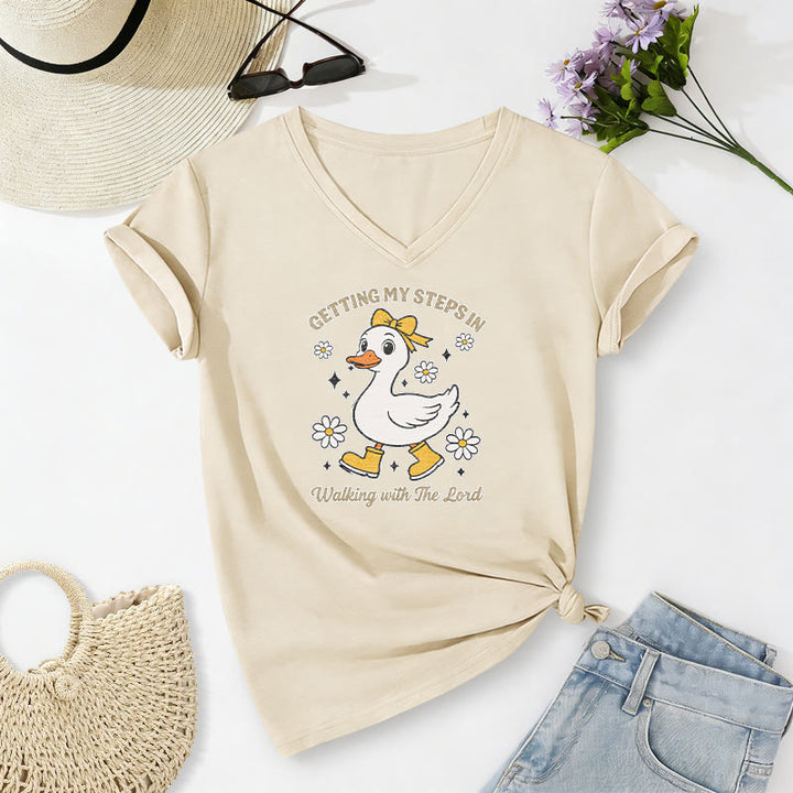 Christianartworkshop Meine Schritte sammeln – Walking With The Lord Cartoon Duck Daisy Casual V-Neck T-Shirt - Beige - 2XL - image 6