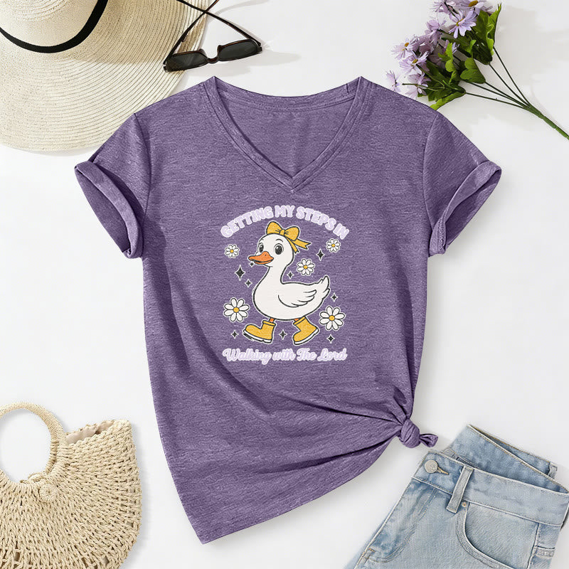 Christianartworkshop Meine Schritte sammeln – Walking With The Lord Cartoon Duck Daisy Casual V-Neck T-Shirt - Lila - 2XL - image 0