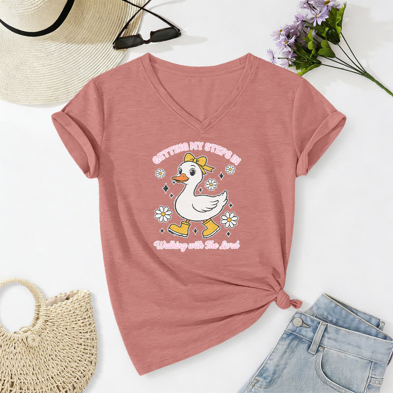 Christianartworkshop Meine Schritte sammeln – Walking With The Lord Cartoon Duck Daisy Casual V-Neck T-Shirt - Hellrosa - 2XL - image 8